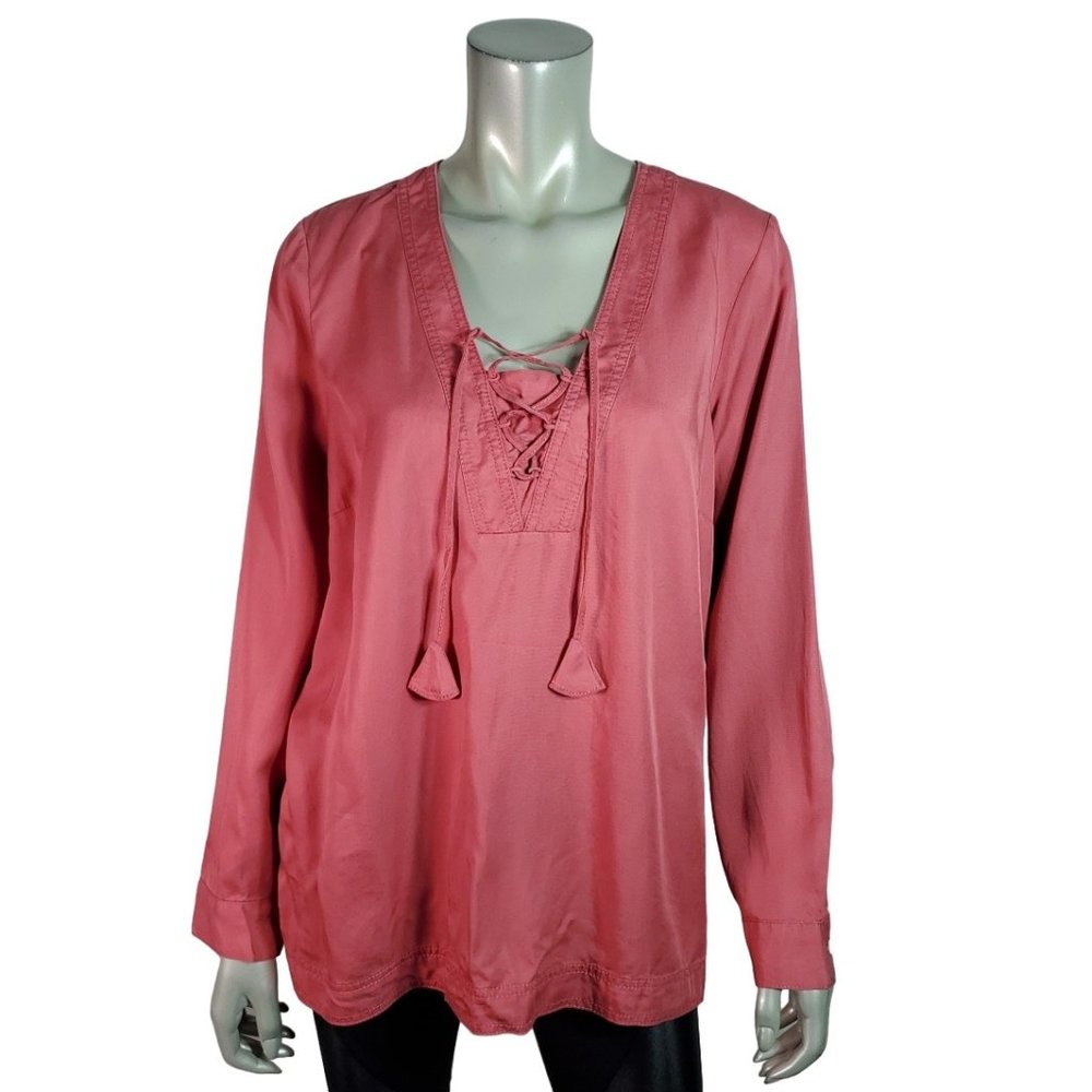 J. Jill Top Sz M 100% Tencel High Low Long Sleeve Lace Up Collarless Casual Pink